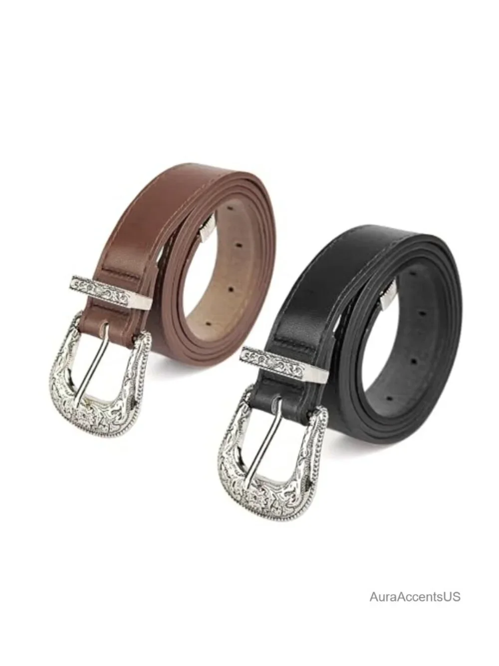 Vintage Faux Leather Belt with Floral Metal Buckle
